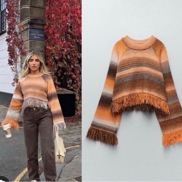 Zara Fringe Striped Cropped Sweater - New - Picture 8 of 16